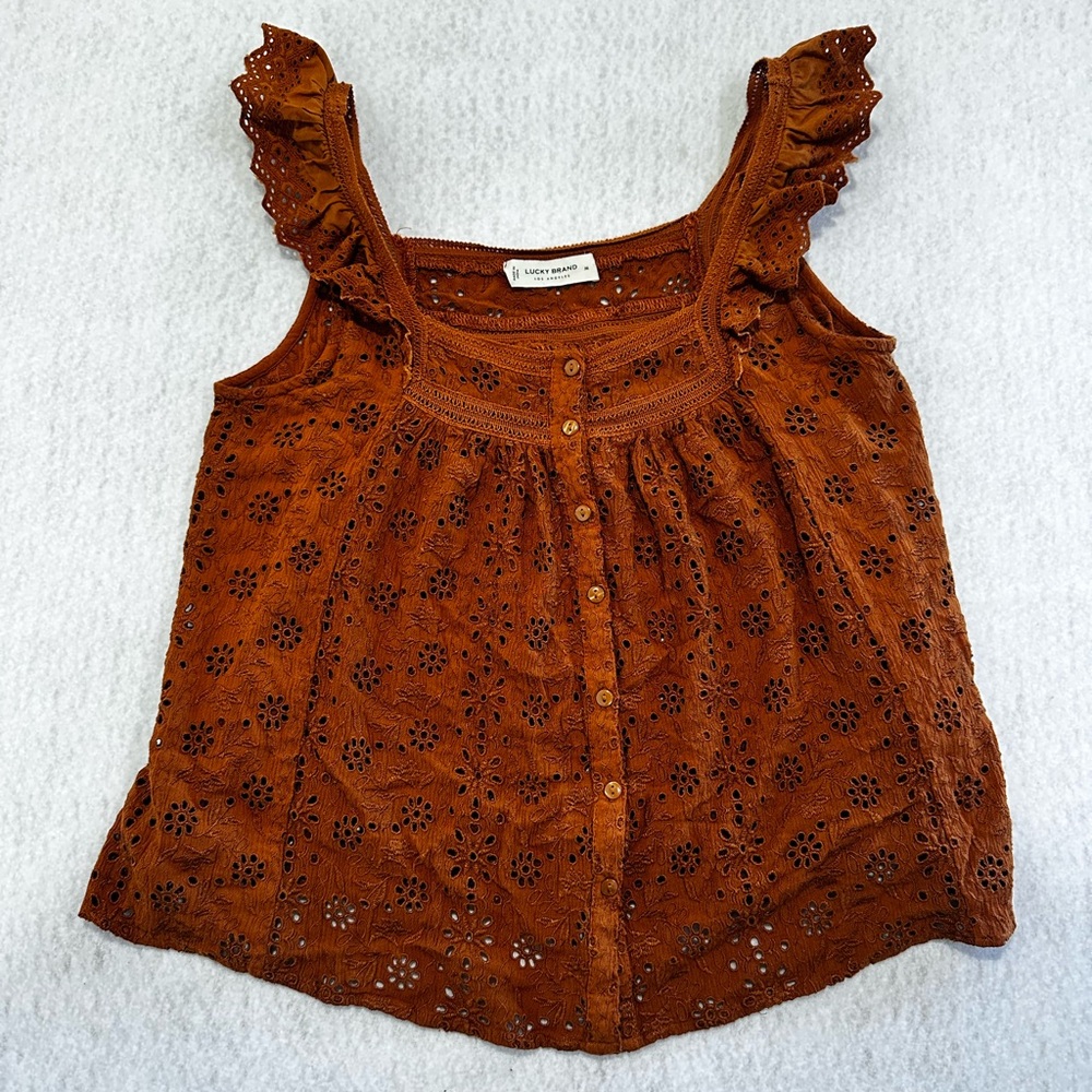 Lucky Brand Rust Eyelet Ruffle-Strap Button Front Tank